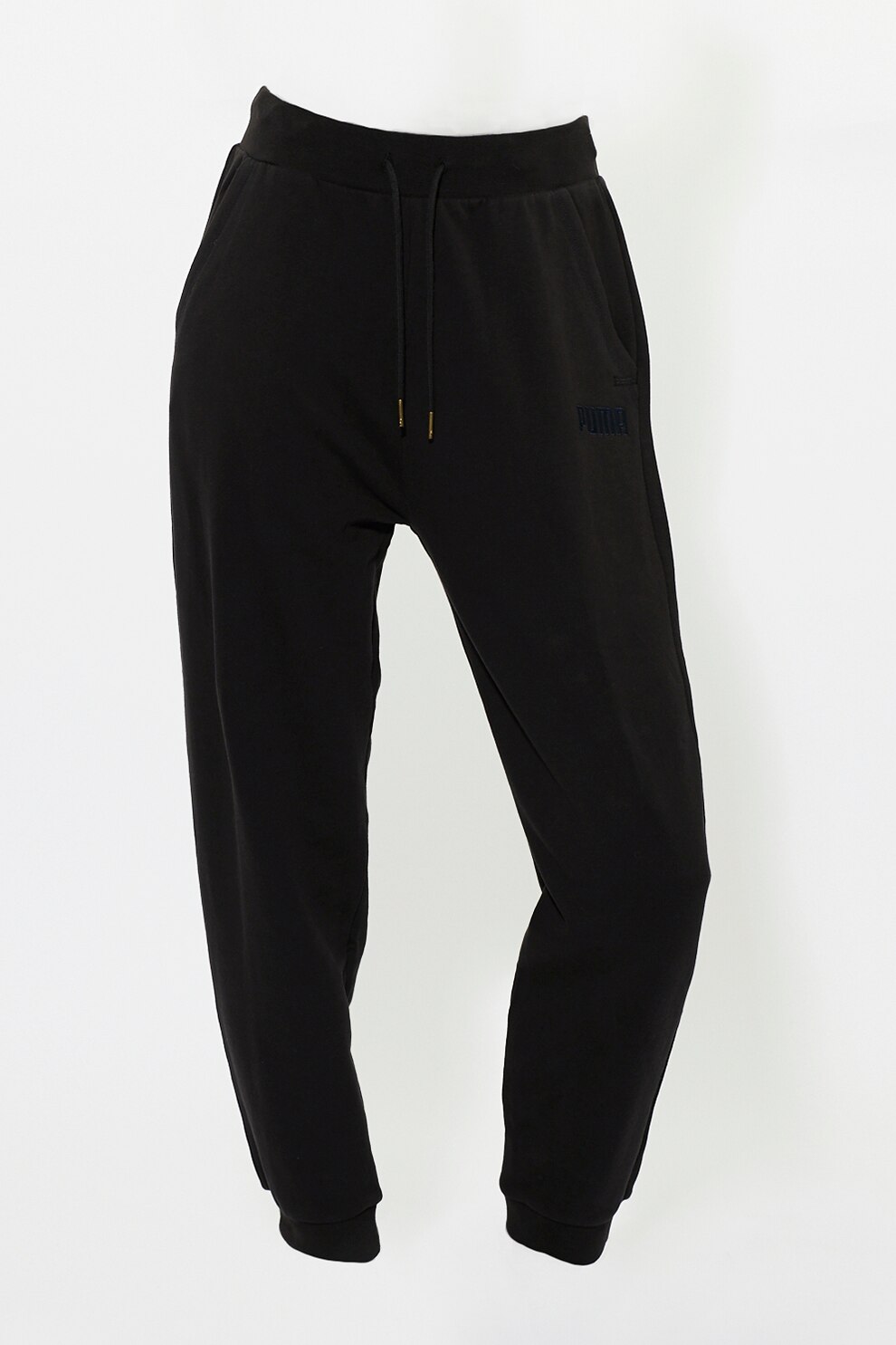 Puma, Pantaloni de bumbac cu talie inalta si logo brodat, Negru