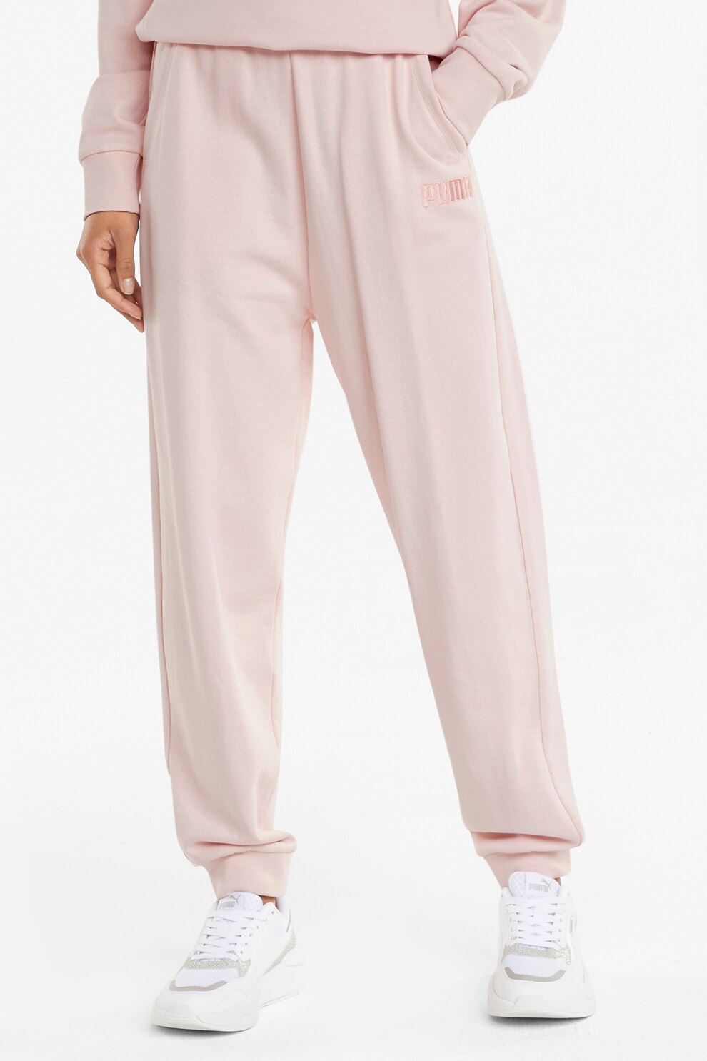 Puma, Pantaloni de bumbac cu talie inalta si logo brodat, Roz pal