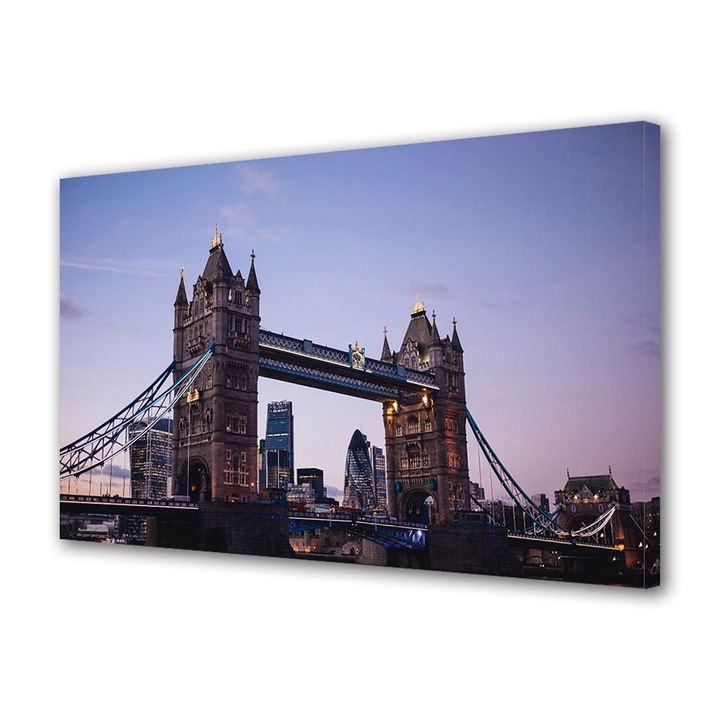 Tablou Canvas Fosforescent, Luminos in Intuneric, Premium, Art Star, Tower Bdridge sub cerul mov, Urban, Panza pe cadru de lemn, Decoratiuni Moderne pentru Casa, 20 x 30 cm