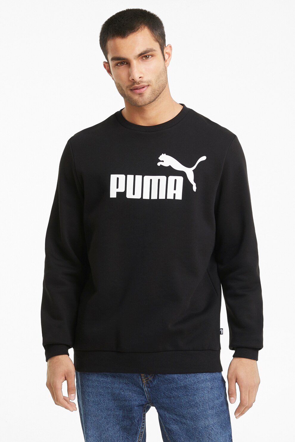Puma, Bluza sport din amestec de bumbac cu decolteu la baza gatului si imprimeu logo, Negru, XL