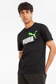 Puma, Tricou cu imprimeu logo si decolteu la baza gatului Essentials +2 Colour, Negru/Alb/Verde electric