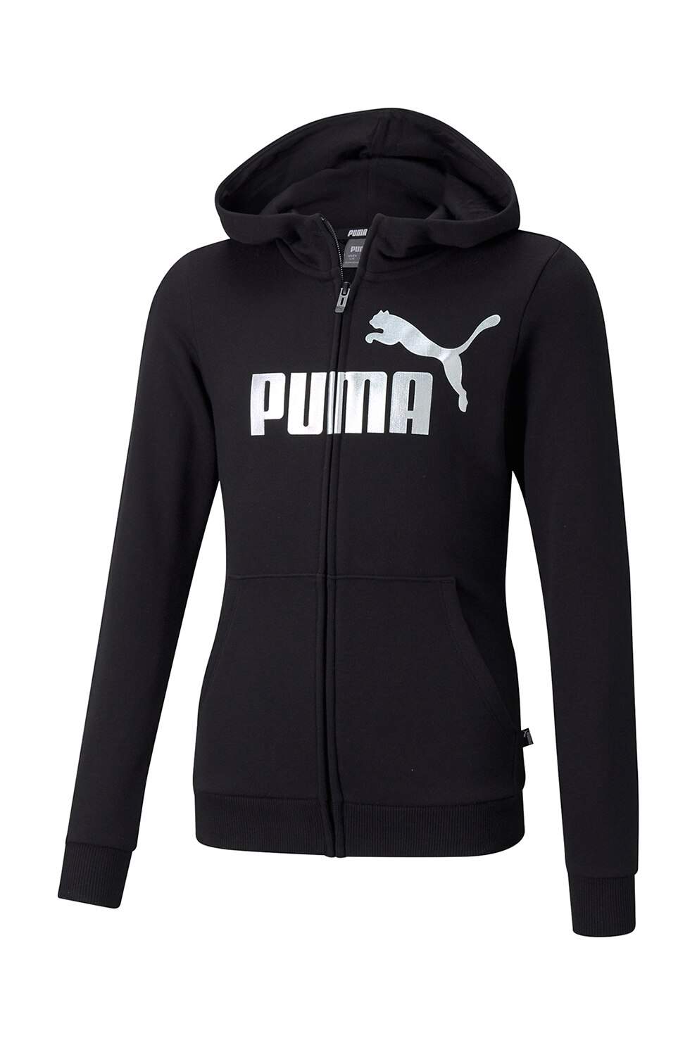 Puma, Hanorac cu fermoar intreg si imprimeu logo metalizat Essentials+, Negru