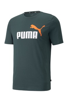 Puma, Tricou cu imprimeu logo si decolteu la baza gatului Essentials +2 Colour, Verde/alb/oranj mandarina
