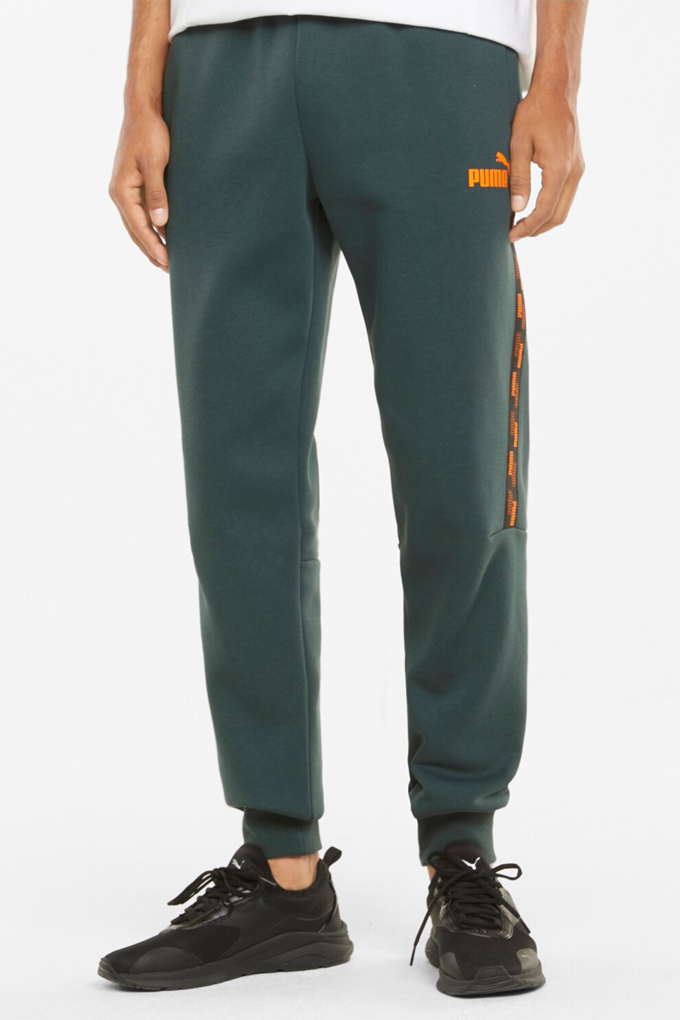 Puma, Pantaloni sport conici cu benzi logo laterale Power Tape, Verde/Portocaliu