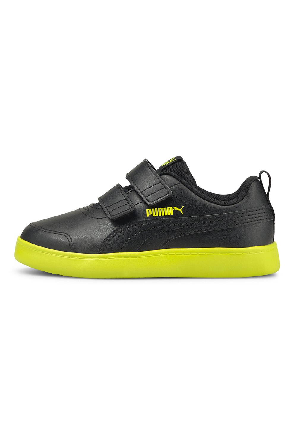 Puma, Pantofi sport de piele ecologica cu inchidere velcro Courtflex v2, Negru/ Verde lime