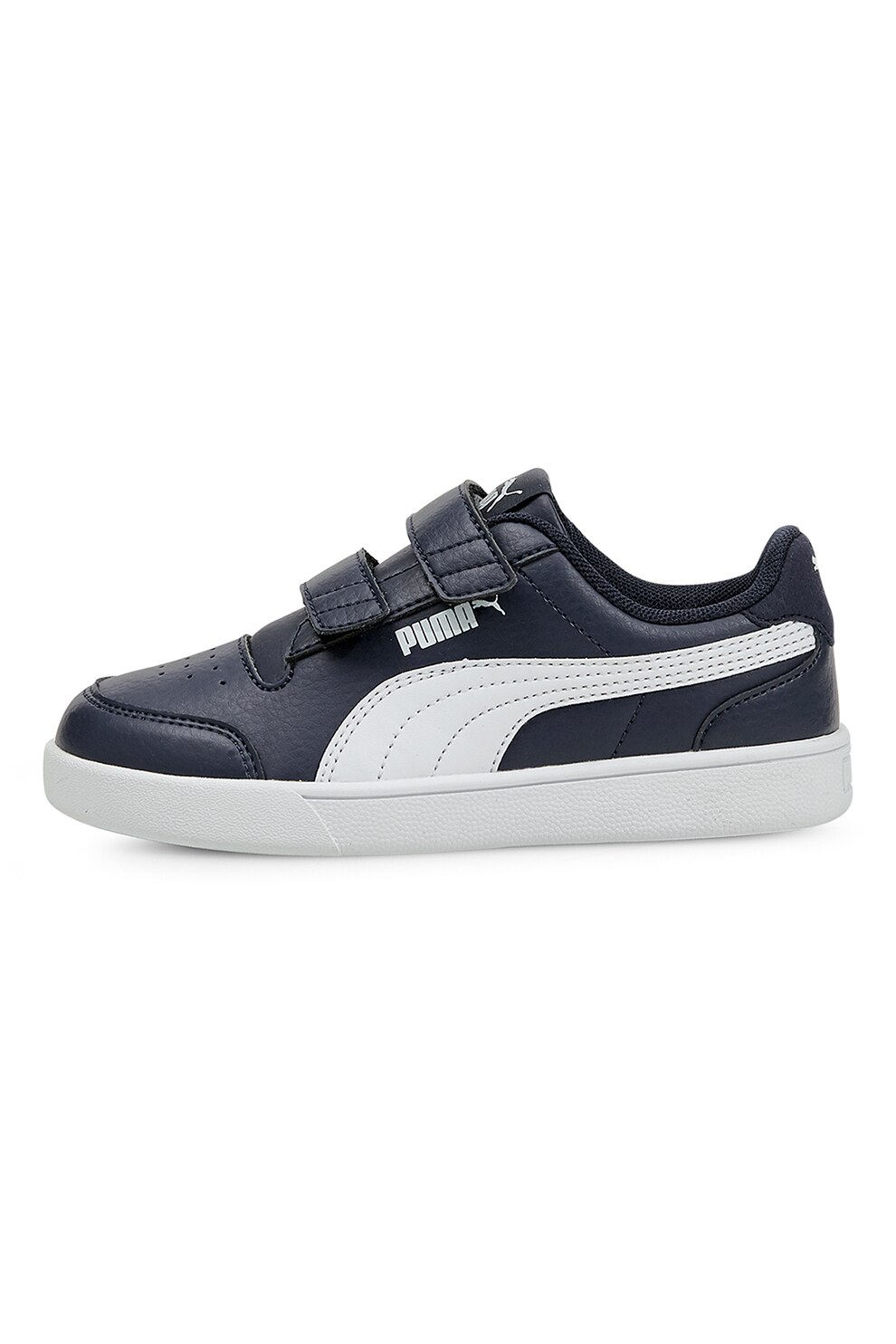 Puma, Pantofi sport de piele ecologica cu velcro Shuffle V PS, Bleumarin/Alb