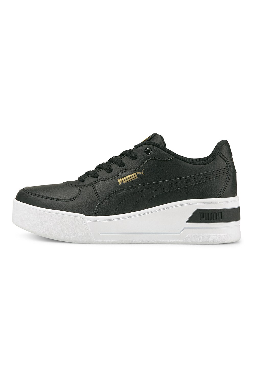 Puma, Pantofi sport wedge de piele ecologica Scarpa Skye, Negru/Alb/Auriu