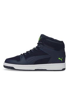 Puma, Pantofi sport mid-cut de piele ecologica si piele intoarsa Rebound Layup, Bleumarin/Verde electric, 38 EU Puma, Pantofi sport mid-cut de piele ecologica si piele intoarsa Rebound Layup, Bleumarin/Verde electric, 38 EU
