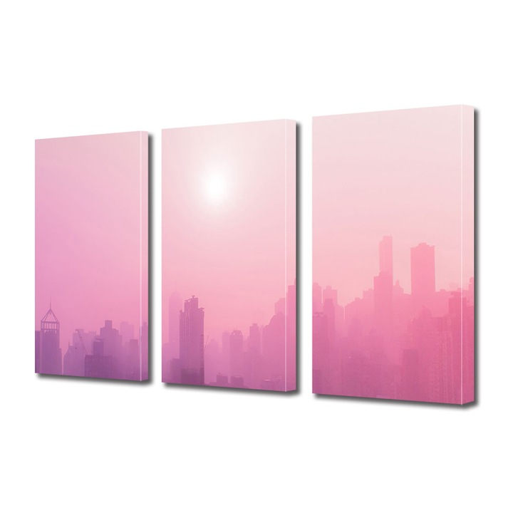 Set Tablouri Multicanvas 3 piese, Art Star, Oras cu lumina mov, Urban, Panza pe cadru de lemn, Decoratiuni Moderne pentru Casa, 3 x 20 x 30 cm