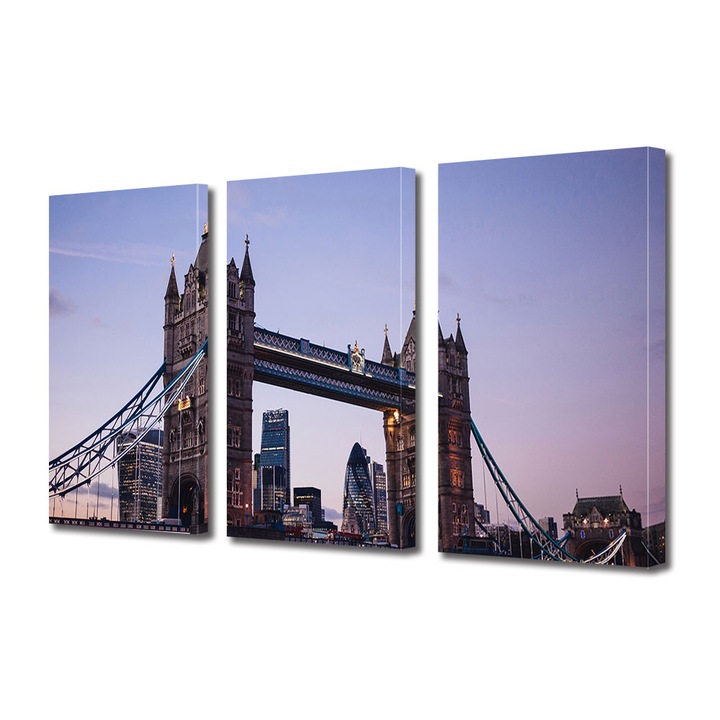 Set Tablouri Multicanvas 3 piese, Art Star, Tower Bdridge sub cerul mov, Urban, Panza pe cadru de lemn, Decoratiuni Moderne pentru Casa, 3 x 20 x 30 cm