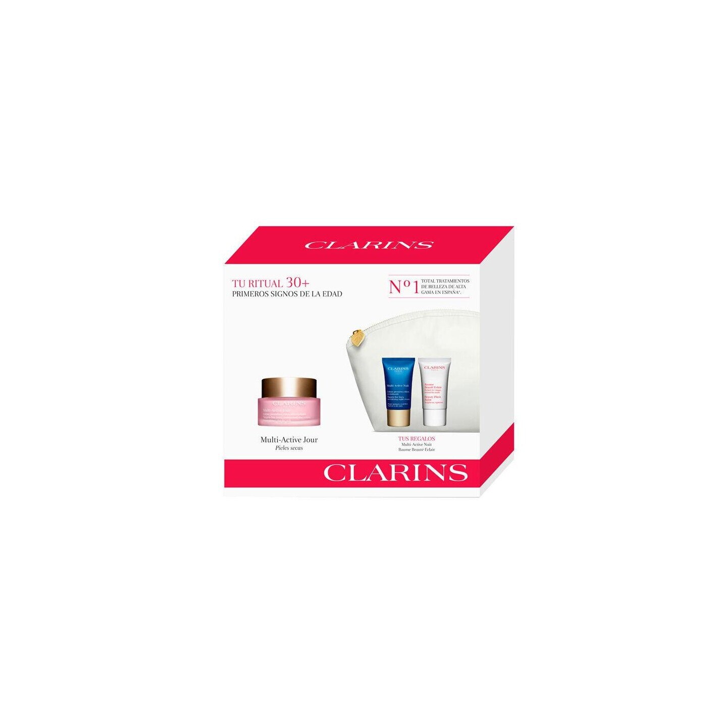 Set Clarins, Crema de zi pentru piele uscata 50 ml + Balsam Beaute Eclair 15 ml + Crema de noapte 15 ml + Geanta