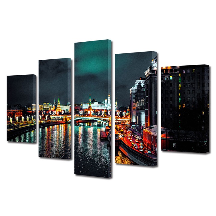 Set Tablouri Multicanvas 5 piese, Art Star, Oras luminat de semafoare masini si felinare, Urban, Panza pe cadru de lemn, Decoratiuni Moderne pentru Casa, 80 x 150 cm