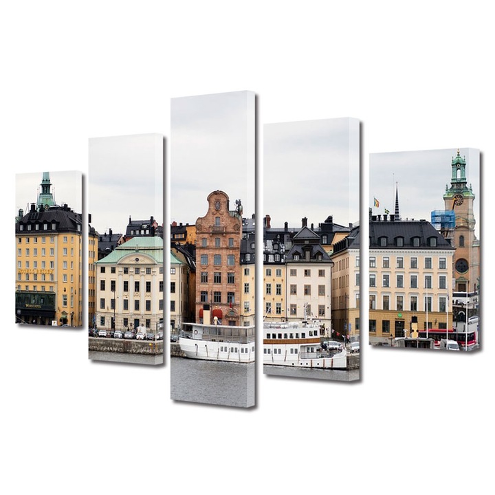 Set Tablouri Multicanvas 5 piese, Art Star, Hotel Beisen langa apa, Urban, Panza pe cadru de lemn, Decoratiuni Moderne pentru Casa, 80 x 150 cm