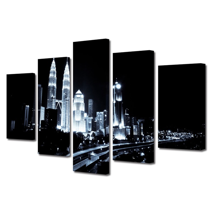 Set Tablouri Multicanvas 5 piese, Art Star, Malaesia alb negru, Urban, Panza pe cadru de lemn, Decoratiuni Moderne pentru Casa, 70 x 125 cm