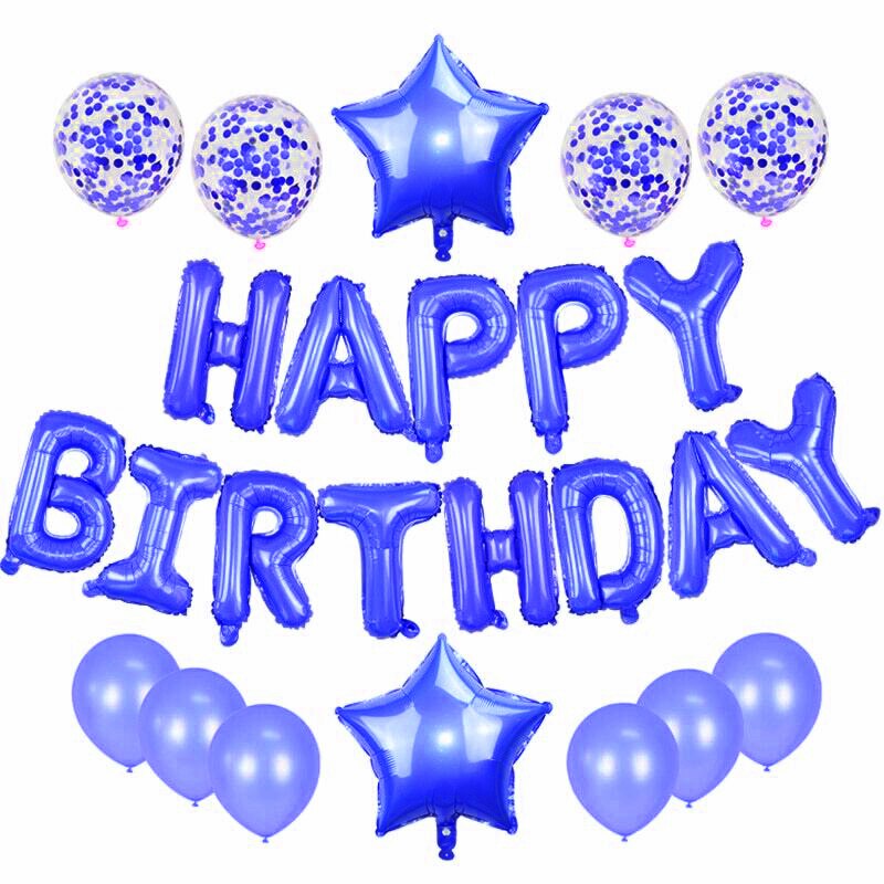 Set 25 baloane aniversare, Happy Birthday, diverse forme si marimi, culoare albastru