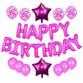 Set 25 baloane aniversare, Happy Birthday, diverse forme si marimi, culoare roz Set 25 baloane aniversare, Happy Birthday, diverse forme si marimi, culoare roz