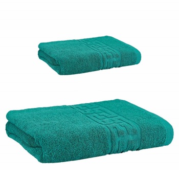 Set 2 Prosoape pentru fata si baie, Plush, model grecesc, bumbac 100%, 500 gr/m2, verde smarald Set 2 Prosoape pentru fata si baie, Plush, model grecesc, bumbac 100%, 500 gr/m2, verde smarald