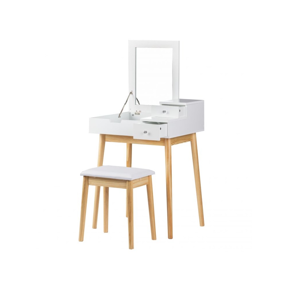 Set Masa Toaleta si Scaun pentru Machiaj Bigshot CUB1202-W cu Oglinda Pliabila, 2 Sertare, Alba