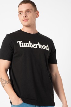 Timberland, Tricou cu imprimeu logo si decolteu la baza gatului Linear, Negru/Alb prafuit Timberland, Tricou cu imprimeu logo si decolteu la baza gatului Linear, Negru/Alb prafuit
