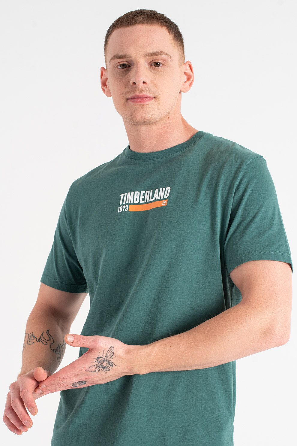 Timberland, Tricou cu imprimeu logo, Verde marin/Alb