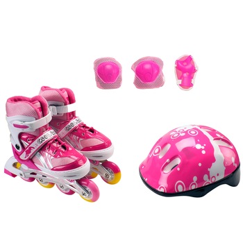Set de role ActionOne Pinky, cu casca, protectii si geanta transport, reglabile, marimea M (35-38), roz Set de role ActionOne Pinky, cu casca, protectii si geanta transport, reglabile, marimea M (35-38), roz
