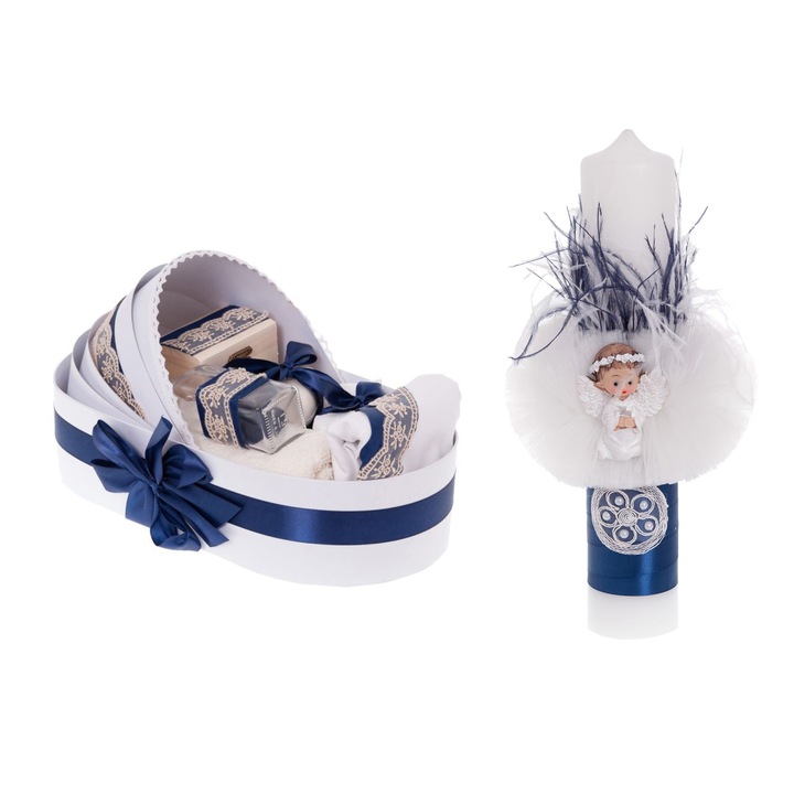 Set botez elegant Landou Bleumarin 12, trusou botez complet si lumanare, 2 piese, culoare alb-bleumarin