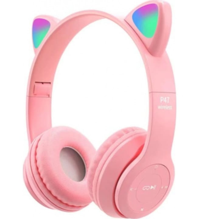Безжични слушалки Y47 котешки уши, Сгъваеми, Bluetooth 5.0, RGB, Интерактивни светодиоди, Слот за TF карта, MP3/WAV, Розови