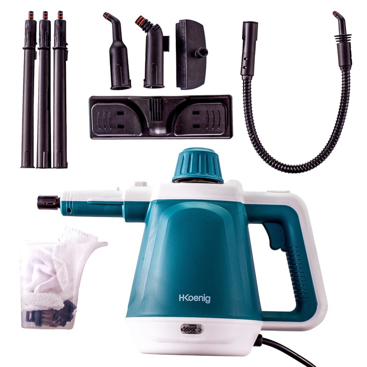 Aparat de curatat cu abur H.Koenig, NV680, toate suprafetele, rezervor 400 ml, incalzire rapida, cablu 3 m, accesorii incluse, compact, model 2022, albastru