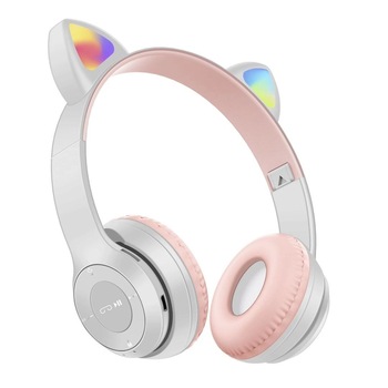 Casti wireless Urechi de pisica Y47, pliabile, Bluetooth 5.0, Leduri interactive RGB, slot card TF, redare MP3/WAV, Roz/Gri Casti wireless Urechi de pisica Y47, pliabile, Bluetooth 5.0, Leduri interactive RGB, slot card TF, redare MP3/WAV, Roz/Gri