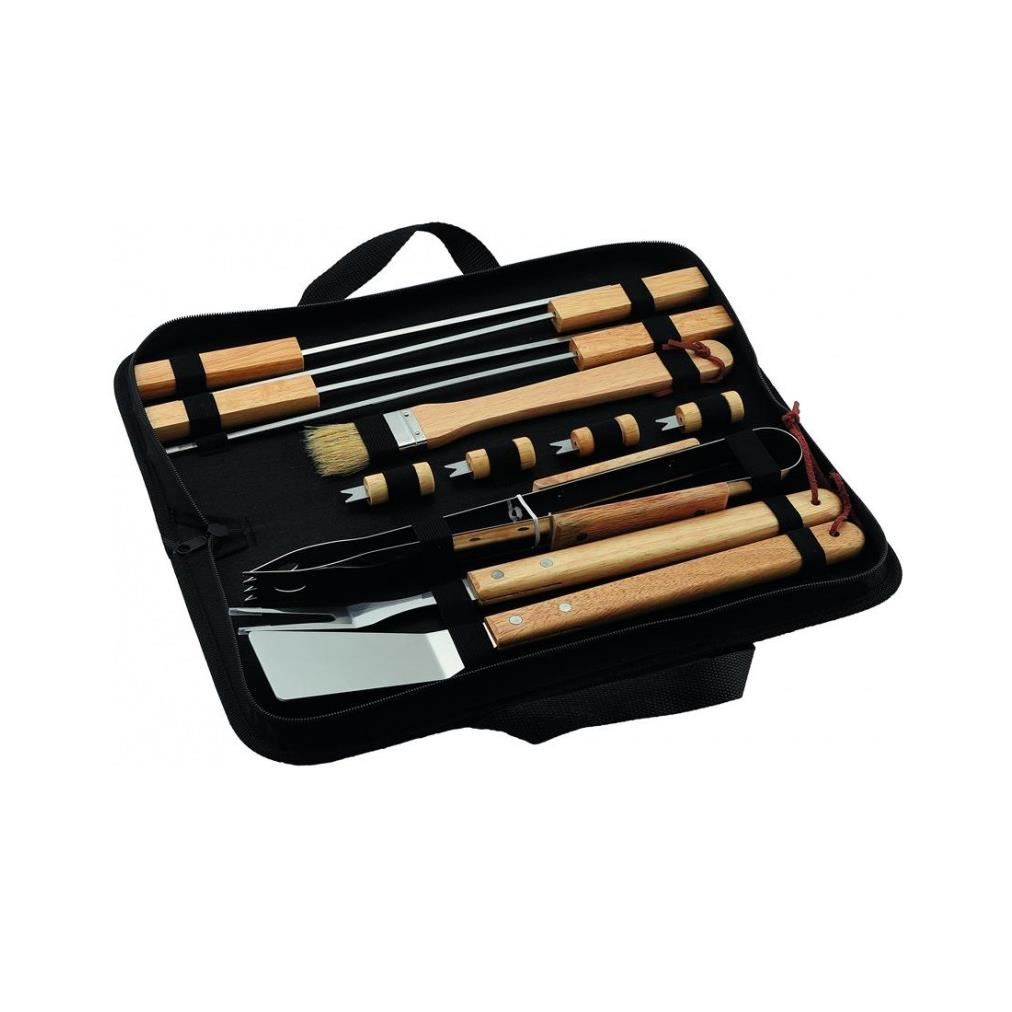 Set ustensile pentru barbeque/gratar, otel inoxidabil, maner lemn, 12 piese