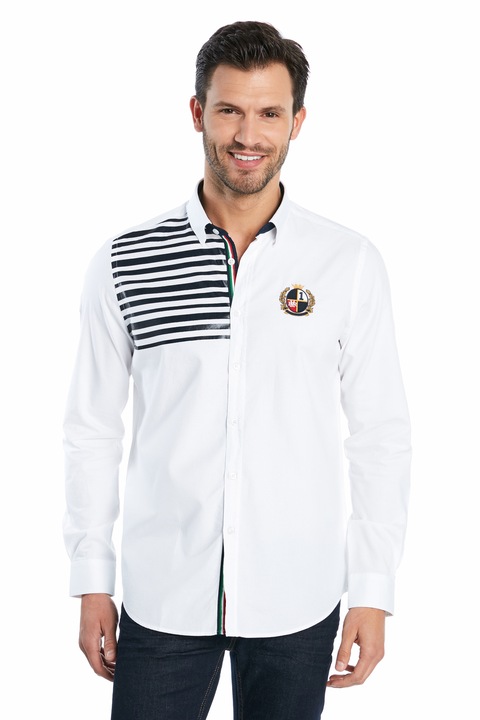 Camasa cu maneca lunga Ruck&Maul, Imprimeu logo, Bumbac, Alb/Negru cu dungi, Alb/Negru