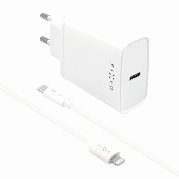 Set incarcator retea USB-C 20W si cablu Apple Lightning, 1 m, Fixed, power delivery, PD charge, MFI, Alb Set incarcator retea USB-C 20W si cablu Apple Lightning, 1 m, Fixed, power delivery, PD charge, MFI, Alb