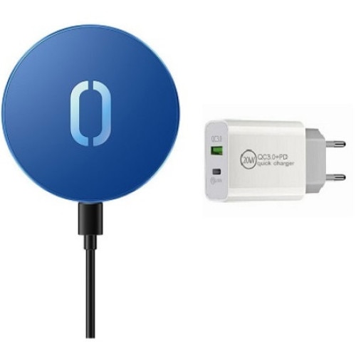 Incarcator wireless Magsafe Charger 15W si adaptor priza 20W compatibil cu Iphone seria 12/13 , albastru