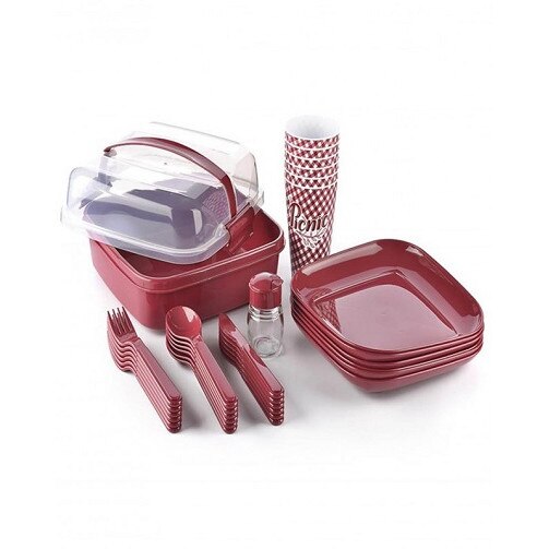 Set serviciu din plastic , pentru picnic/camping Titiz,32 piese, culoare rosu