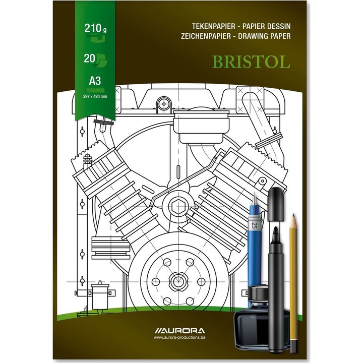 Bloc desen A3, 20 file - 210g/mp, pentru schite creion/marker, AURORA Bristol - carton alb