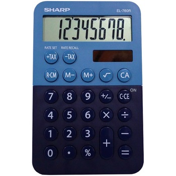 Calculator de birou Sharp, 8 digits, 120 x 76 x 23 mm, dual power, albastru/bleumarin Calculator de birou Sharp, 8 digits, 120 x 76 x 23 mm, dual power, albastru/bleumarin