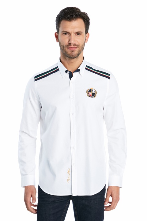 Camasa cu maneca lunga Ruck&Maul, Imprimeu logo, Bumbac, Alb cu dungi negre, Alb/Negru