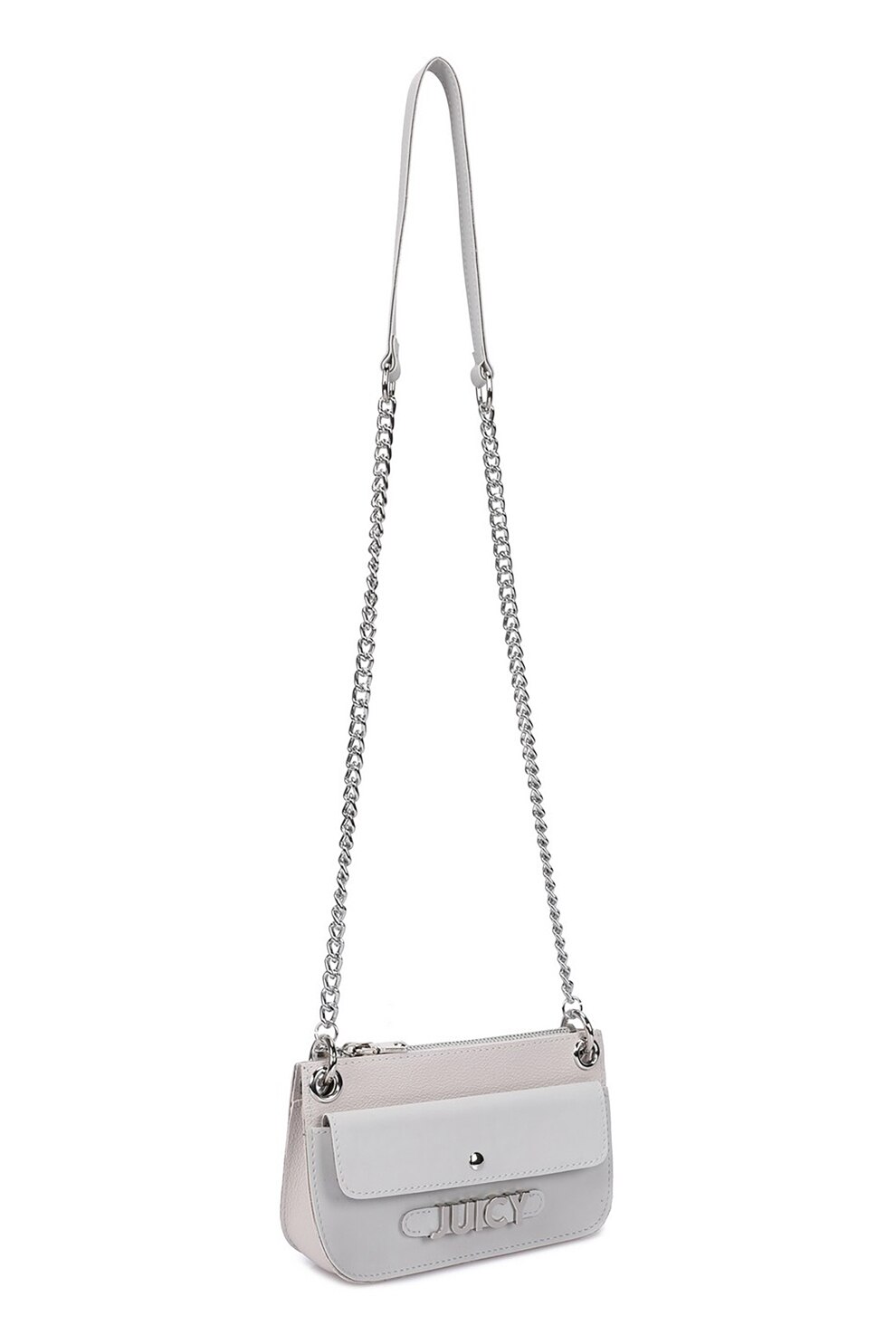 Juicy Couture, Geanta crossbody de piele ecologica cu bareta din lant, Gri cenusa/Gri deschis