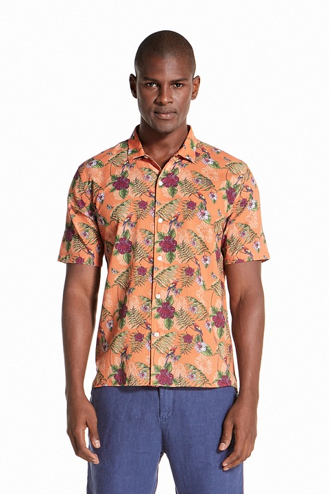 Camasa cu maneca scurta Ruck&Maul, Imprimeu tropical, Bumbac, Multicolor, Multicolor