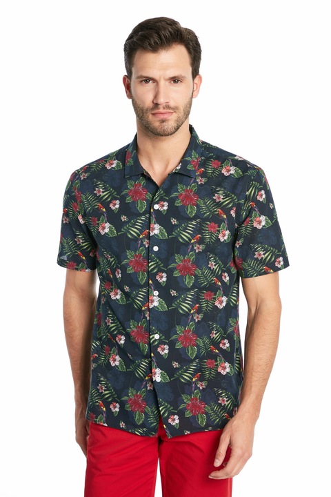 Camasa cu maneca scurta Rucl&Maul, Imprimeu tropical, Bumbac, Rosu/Verde/Negru, Rosu/Verde/Negru