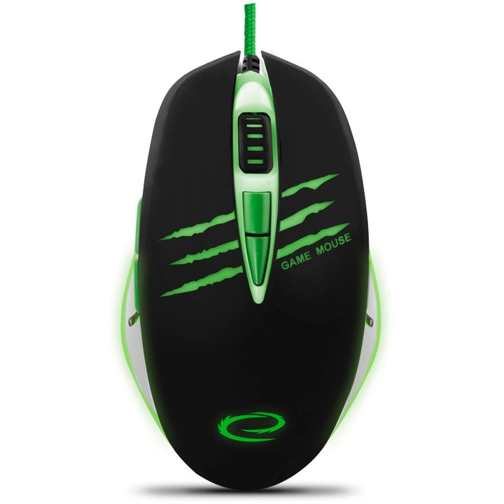 Мишка Esperanza EGM301, за дясна ръка, USB-A, 2400 DPI, черен/зелен/бял