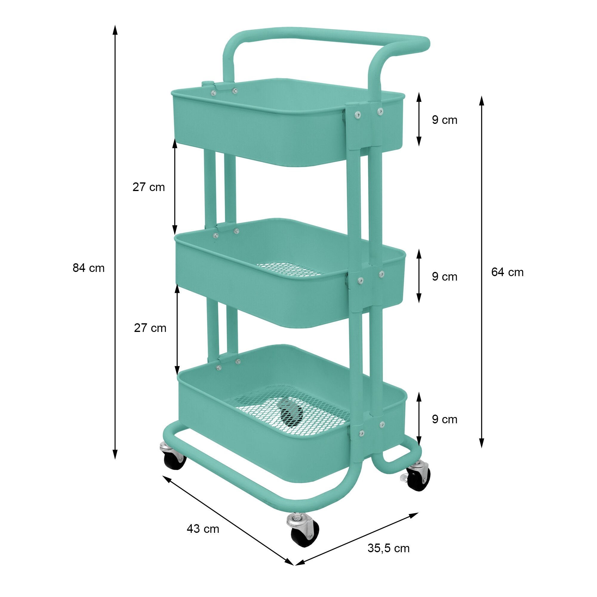 Raft cu roti, ECD Germany, 3 rafturi, metal, turcoaz - eMAG.ro