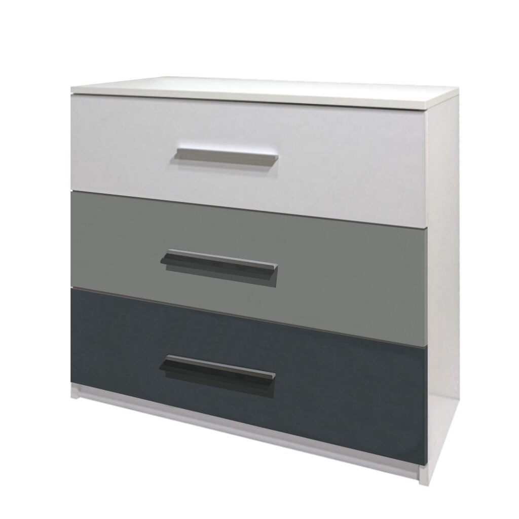 Comoda cu 3 sertare, Alb cu Grafit si Gri, H80xL90xA42, PAL 18 mm