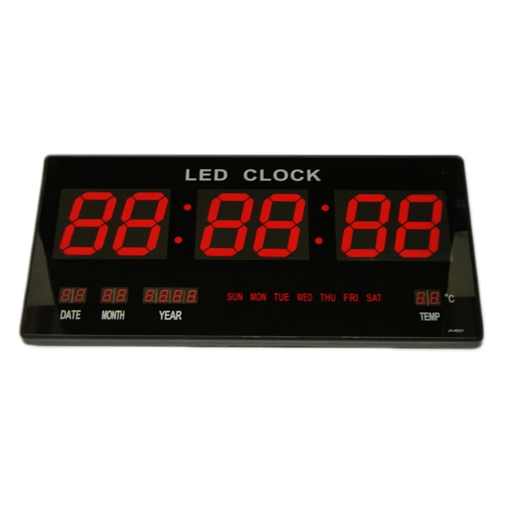Стенен часовник KlaussTech, цифров дисплей, показва време, температура, дата, аларма, правоъгълен дизайн, лесен за настройка, USB захранване, черен