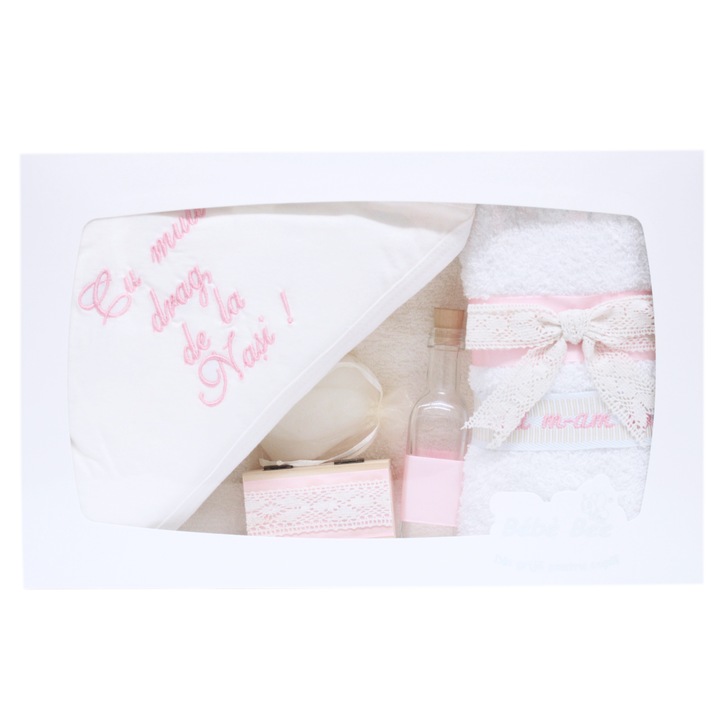 Trusou alb-roz pentru botez, "Cu mult drag de la nasi", compus din prosop bebe, prosop preot, panza mir, sapun, fasa, sticluta mir, cutiuta prima suvita, 7 piese, REC1421