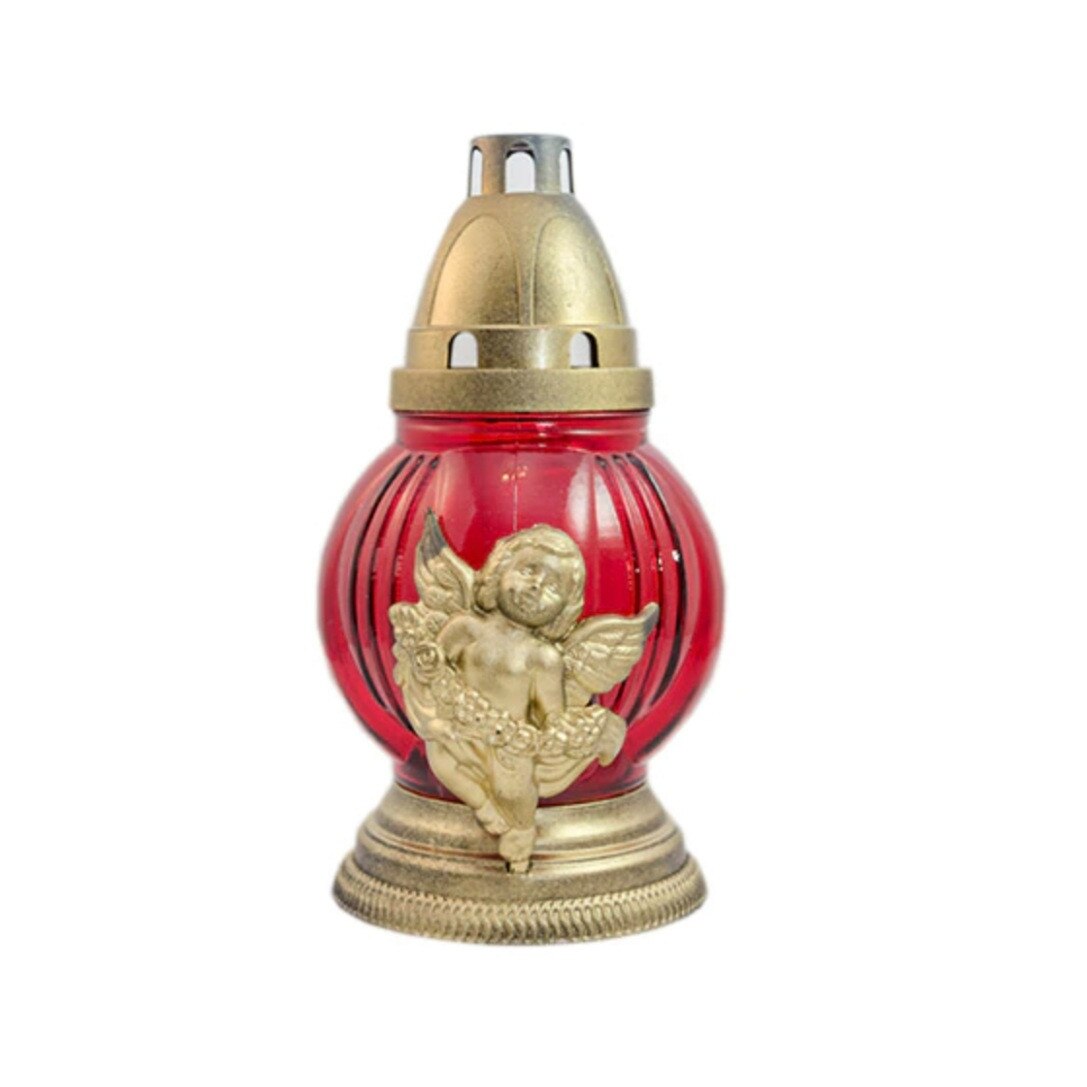 Candela de Sticla Rosie cu Capac, Model cu Ingeras Auriu,timp de ardere 25 ore