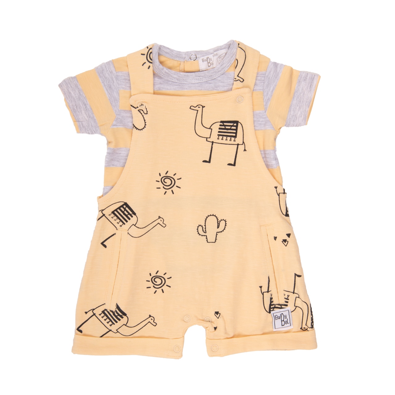 Set 2 piese Babybol, salopeta bretele si tricou cu dungi , galben/gri, 9 luni, 74 cm