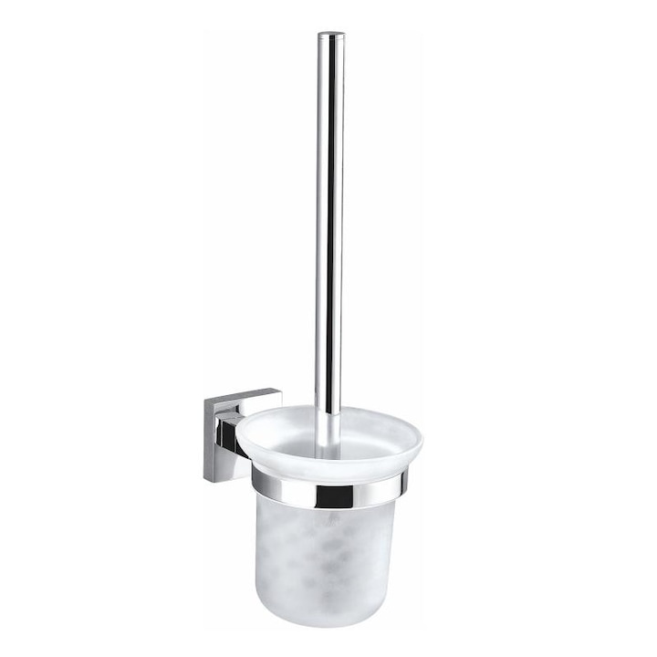 Suport perie wc Kroner Square 80SQ8919, fixare perete, metal/sticla, Crom