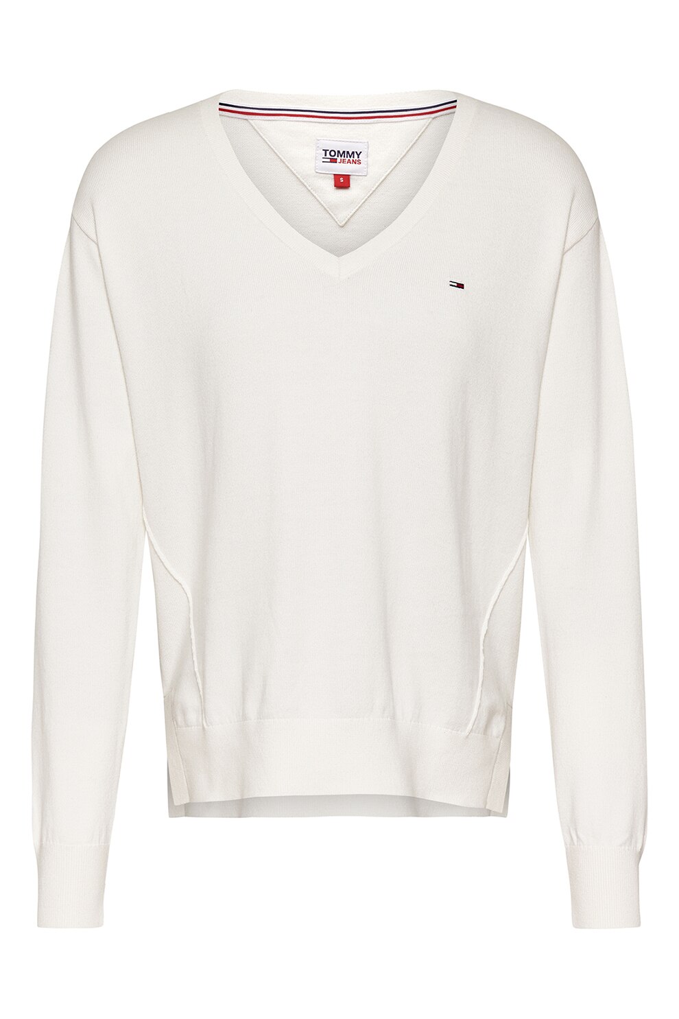 Tommy Jeans, Pulover cu decolteu in V si detaliu logo, Alb