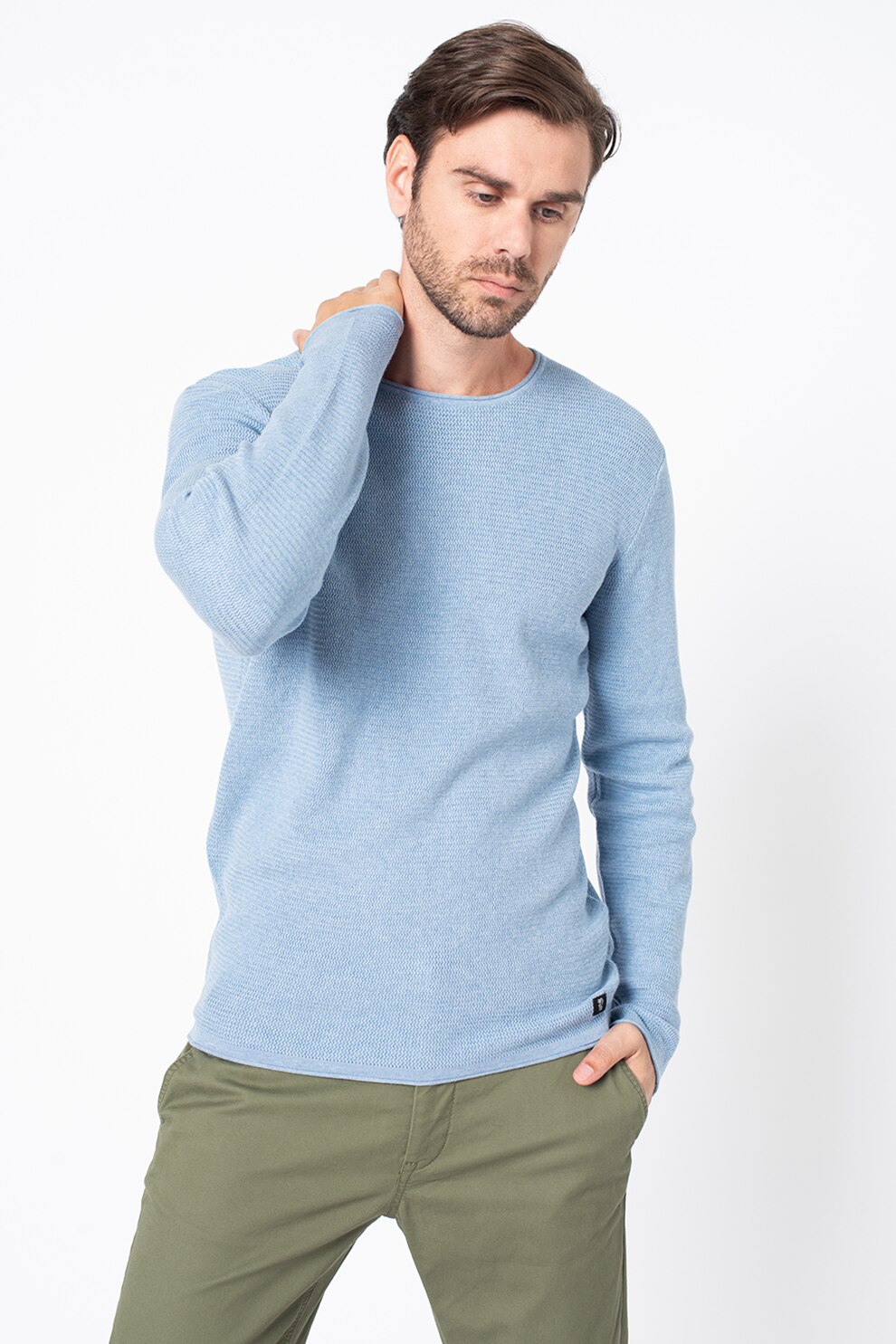 Tom Tailor, Pulover din bumbac cu decolteu la baza gatului, Albastru lavanda